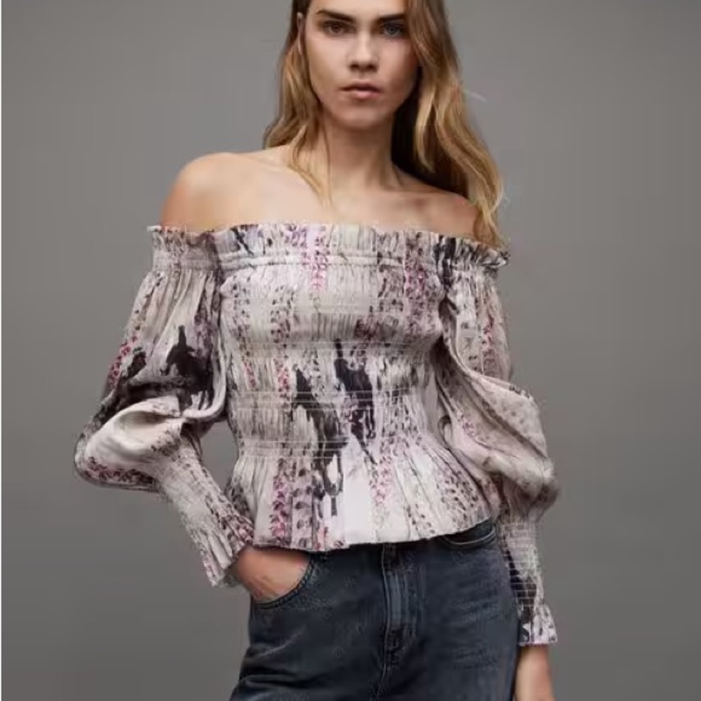 All Saints Pink Smocked Off-Shoulder Blouse